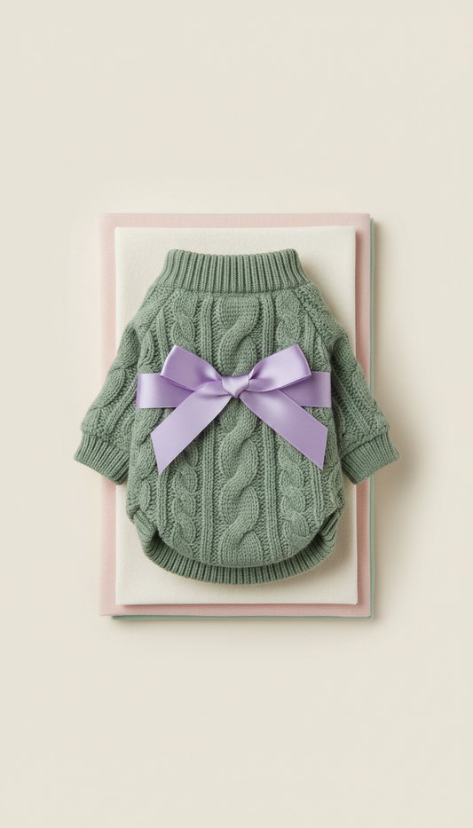 Sage Knit Puppy Sweater With Ribbon Accent